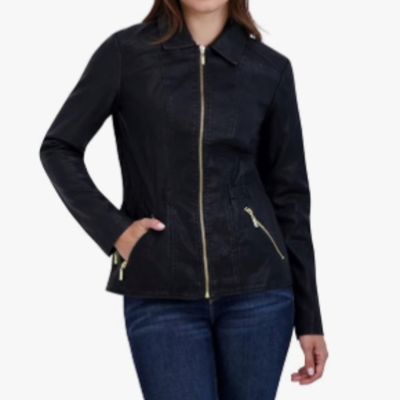 Baccini Black Gorpcore Grunge Full Zip Peplum Faux Leather Moto Jacket Size L - Picture 1 of 12